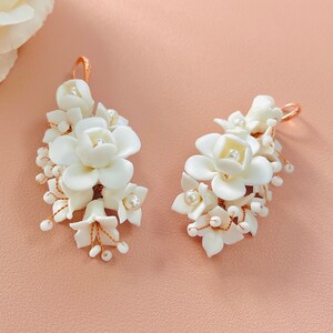 Rose Gold White Clay Earrings, Handmade & Custom Earrings, Bridal Floral Earrings, Chandelier Earrings, Wedding Clay Flower Jewelry