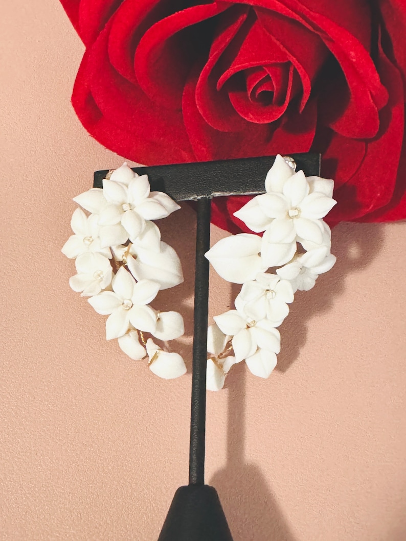 6cm Gold White Four Flower With Leaves Clay Earrings, Bridal Floral Hoop Earrings, Chandelier Flower Post Earrings, Wedding Flower Earrings image 6