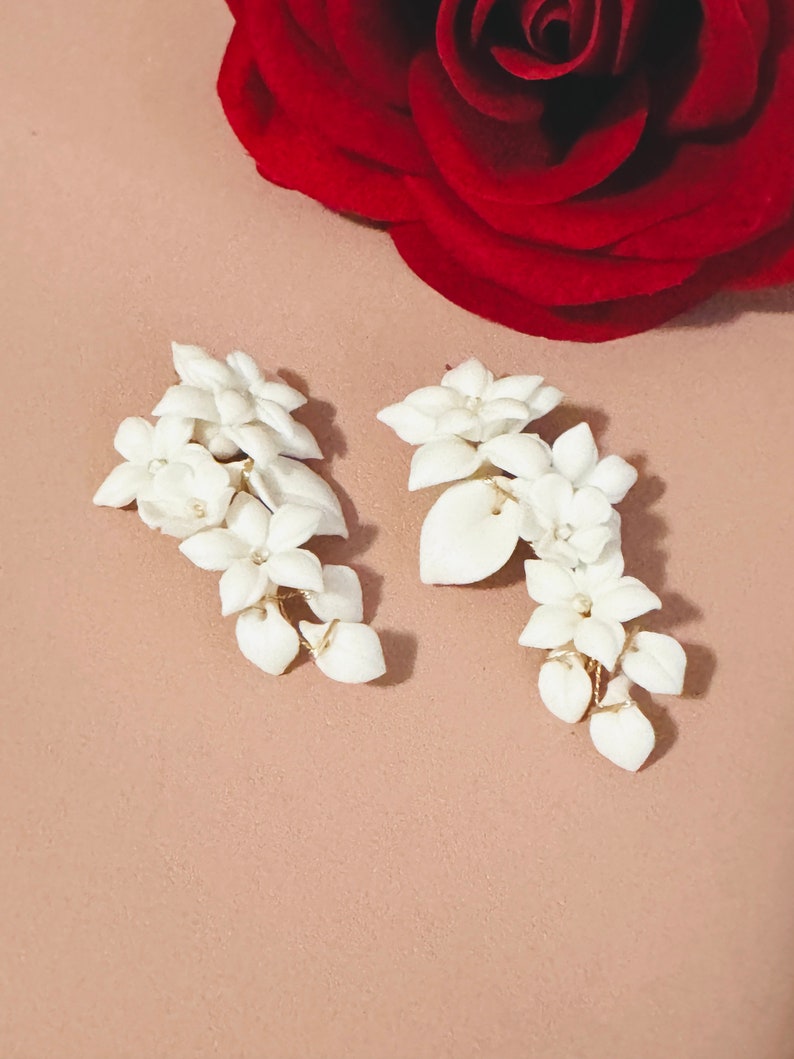 6cm Gold White Four Flower With Leaves Clay Earrings, Bridal Floral Hoop Earrings, Chandelier Flower Post Earrings, Wedding Flower Earrings image 2