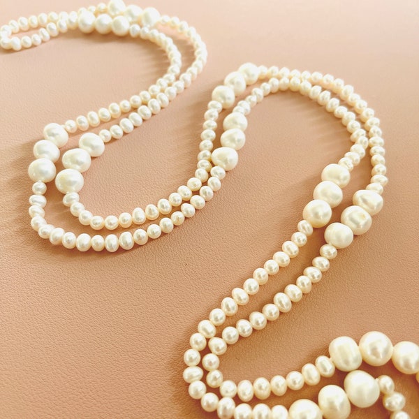 Super Long Pearl Necklace, Mother-Of-The Bride Pearl Necklace, Handmade Long Freshwater Pearl Necklace, Wedding Knotted Pearl Jewelry