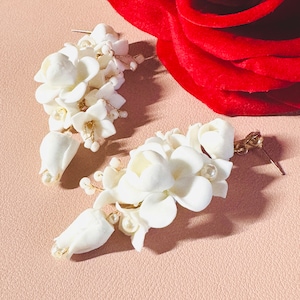 7.5cm Gold White Clay Earrings, Handmade & Custom Earrings, Bridal Floral Earrings, Chandelier Earrings, Wedding Clay Flower Jewelry image 1