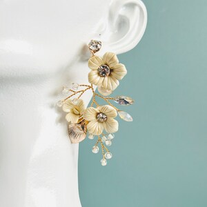 6.5cm Gold Flower Clay Earrings, Flower With Opal Rhinestone Bridal Earrings, Customize Gold Earrings, Wire Wrapping Flower Hoop Earrings