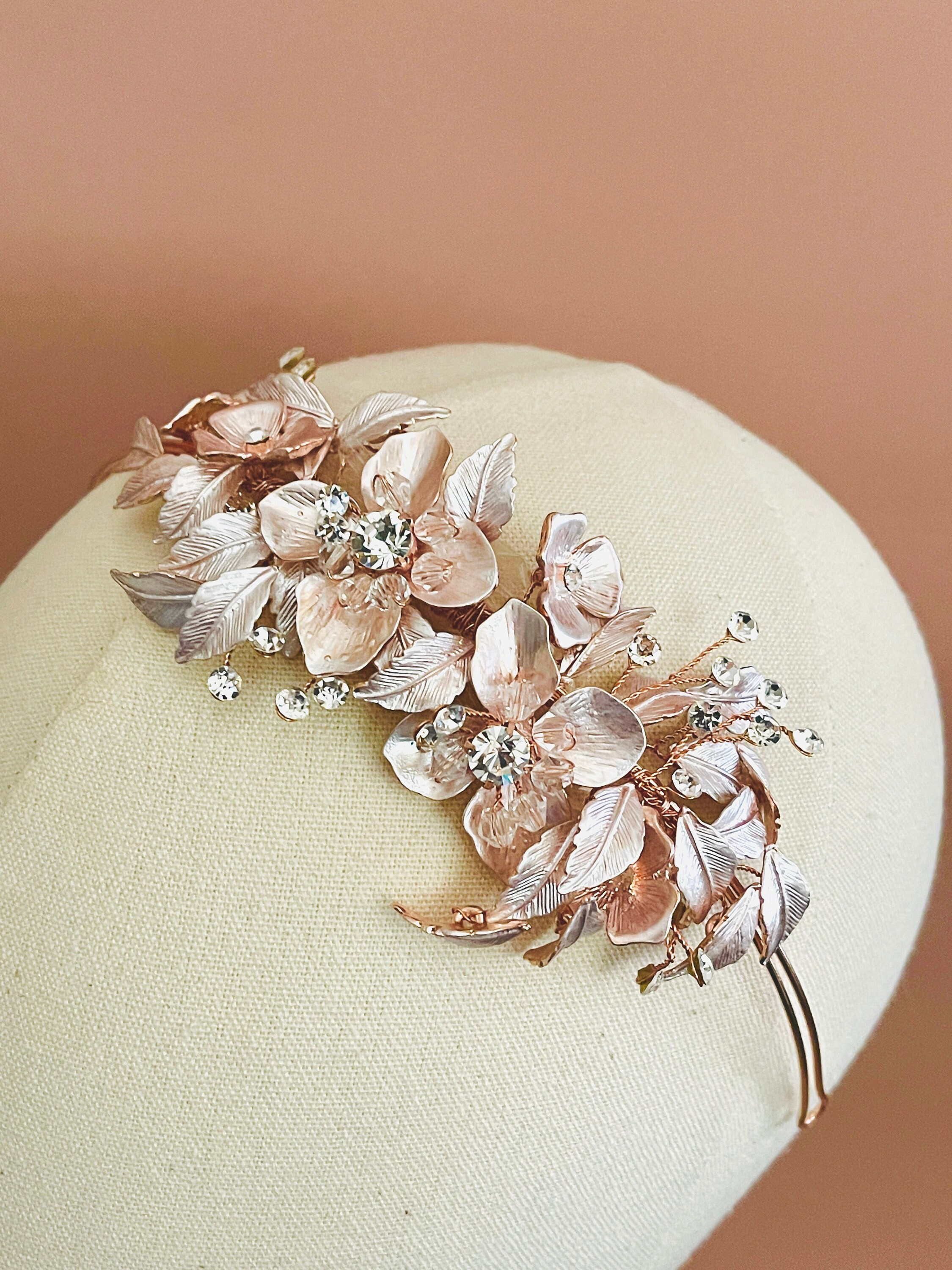 Rose Gold Flower Crystal Side Tiara, Bridal Side Crystal  display picture 2