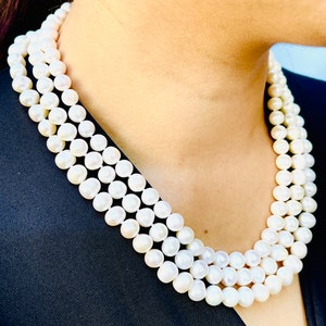 Three Strand White Freshwater Pearl Necklace, Bridal Pearl Jewelry, White Pearl Necklace, Sterling Silver White Potato 3 Strand Necklace