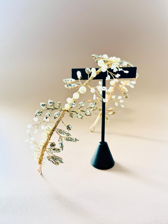 Gold Pearl and Crystal Bridal Hair Vine | Handmade Wedding  display picture 2