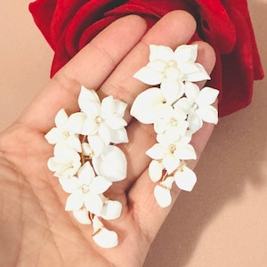 6cm Gold White Four Flower With Leaves Clay Earrings, Bridal Floral Hoop Earrings, Chandelier Flower Post Earrings, Wedding Flower Earrings image 1