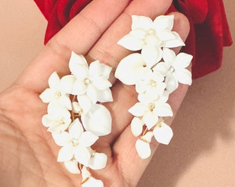 6cm Gold White Four Flower With Leaves Clay Earrings, Bridal Floral Hoop Earrings, Chandelier Flower Post Earrings, Wedding Flower Earrings