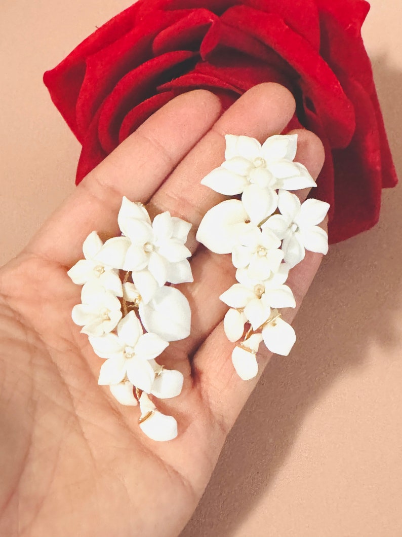 6cm Gold White Four Flower With Leaves Clay Earrings, Bridal Floral Hoop Earrings, Chandelier Flower Post Earrings, Wedding Flower Earrings image 1