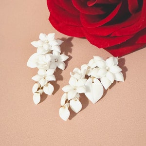 6cm Gold White Four Flower With Leaves Clay Earrings, Bridal Floral Hoop Earrings, Chandelier Flower Post Earrings, Wedding Flower Earrings image 4