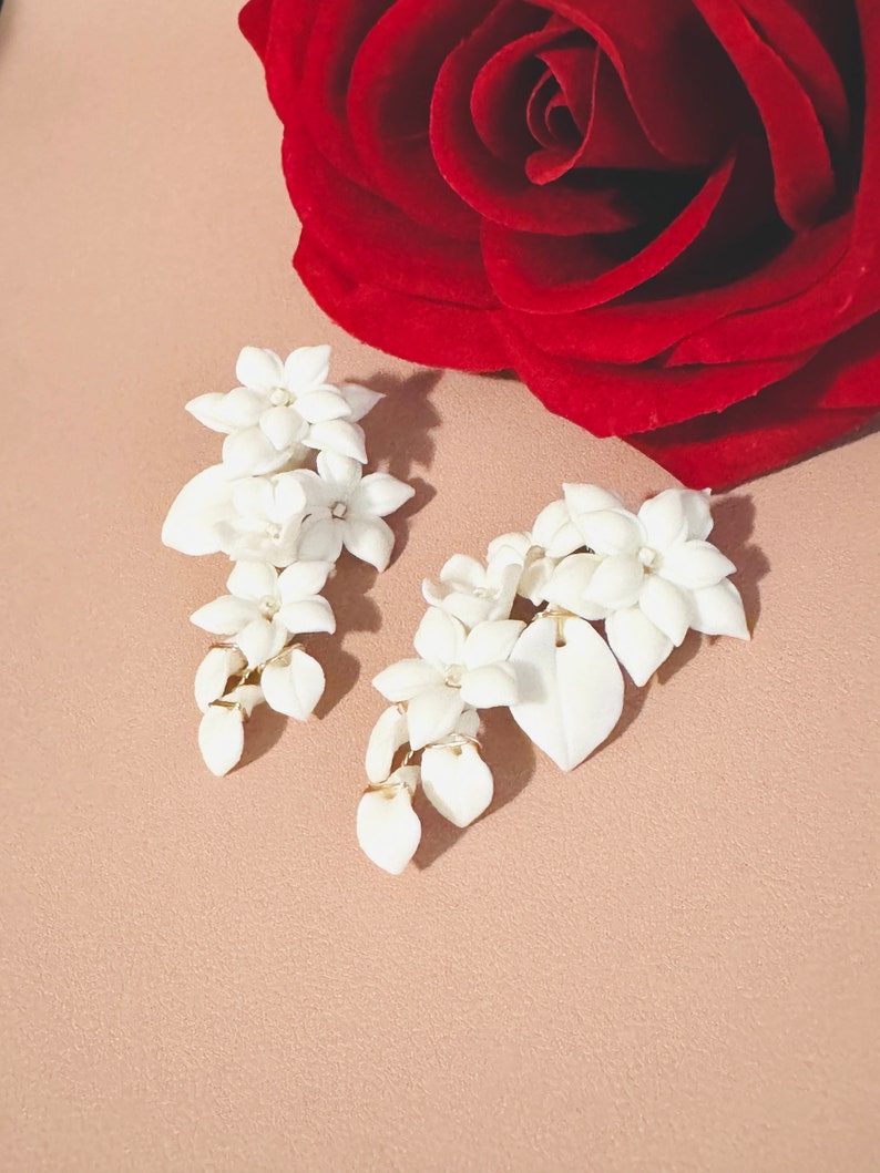 6cm Gold White Four Flower With Leaves Clay Earrings, Bridal Floral Hoop Earrings, Chandelier Flower Post Earrings, Wedding Flower Earrings image 4