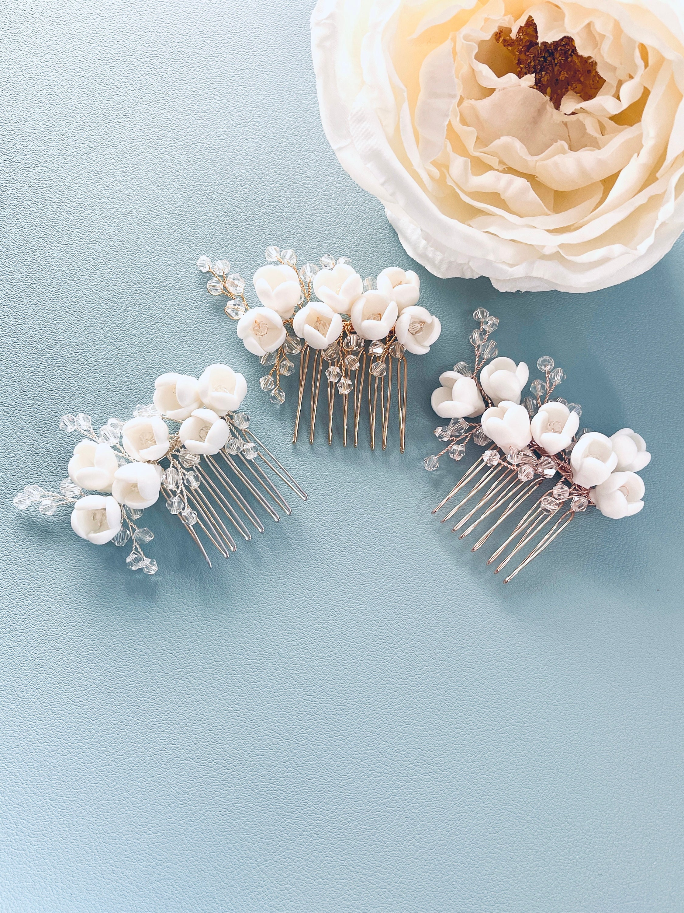 Half Open Clay Flower Hair Comb, Clay Floral Bridal Hairpiece