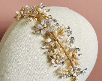 Gold Crystal Pearl Tiara, Gold Metal Flower Leaves Crown, Gold Floral Bridal Tiara, Bridal Hair Accessories, Gold Wedding Headpiece