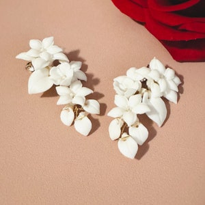 6cm Gold White Four Flower With Leaves Clay Earrings, Bridal Floral Hoop Earrings, Chandelier Flower Post Earrings, Wedding Flower Earrings image 3