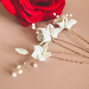 Gold Flower Hair Pin 3pcs Set, Bridal Hair Pins, White Clay Flower Hair Pins, Flower Head Piece, Clay Flower Hair Accessories