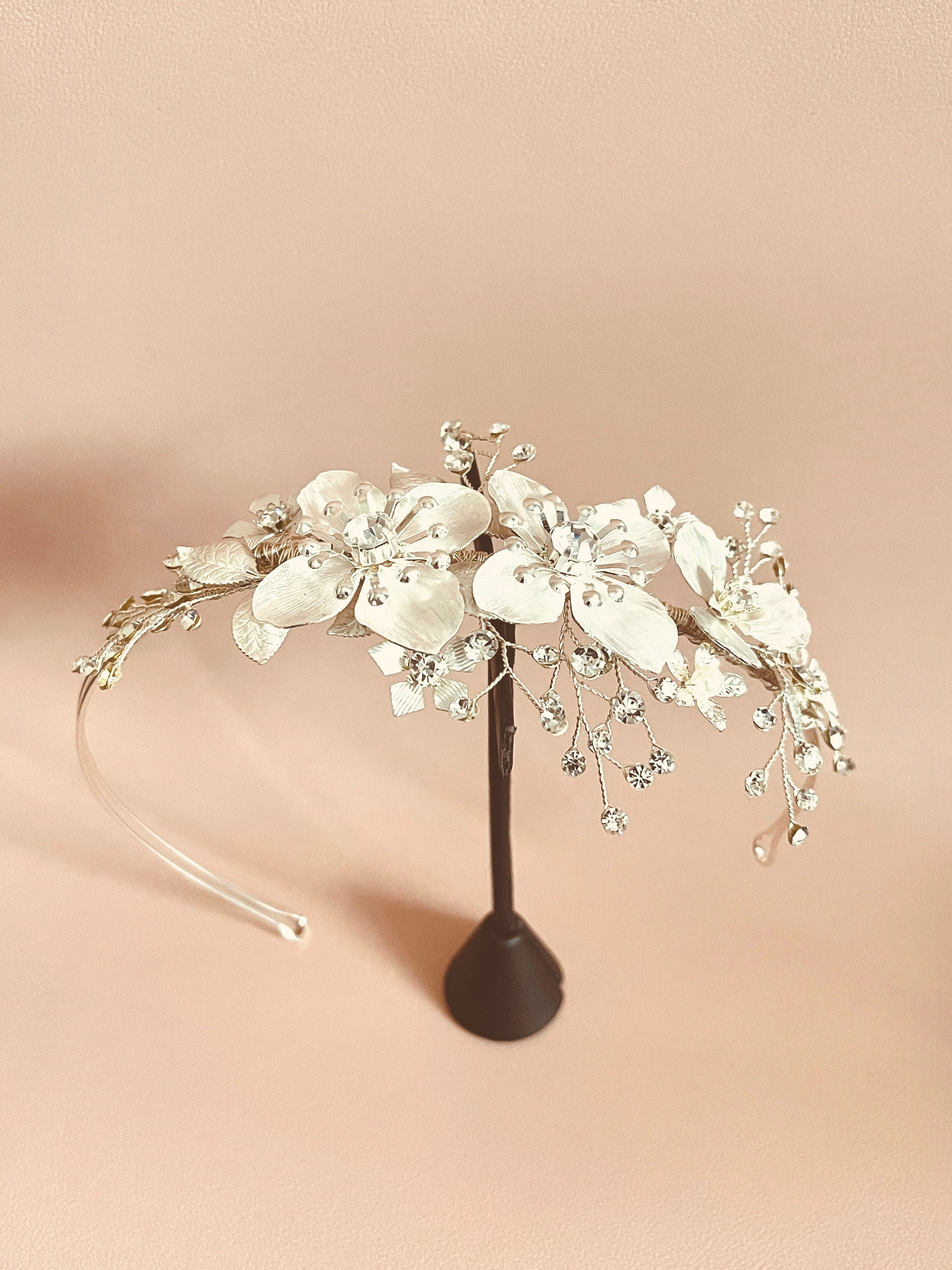 Silver Crystal Half Side Tiara, Silver Metal Flower Leaves 