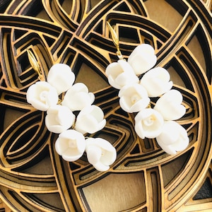 Bridal 6cm White Flower Clay Earrings, Bridal Floral Gold Earrings, Half Open Flower Earrings, Wedding Flower Earrings, Flower Clay Jewelry