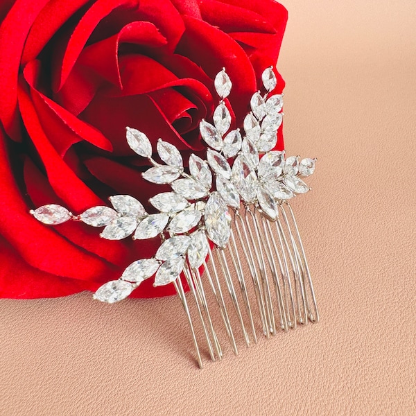 Silver Marquise Hair Piece, CZ Vine Leaves Hair Comb, Crystal Bridal Hair Comb, Sparkle Crystal Hairpiece, Cubic Zirconia Hair Comb