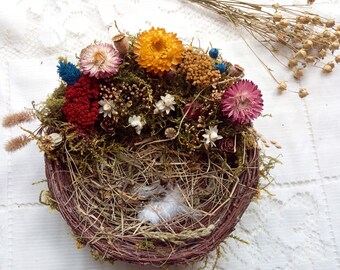 Birch Twig Bird's Nest: Moss & Dried Flower Decor