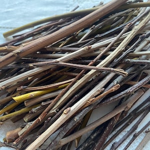 Puede incluir: Un montón de ramitas y ramas pequeñas secas de varios tamaños. Las ramitas varían en color, desde marrón claro y beige hasta marrón oscuro y amarillo. Las piezas de madera natural están dispersas, creando una exhibición texturizada y orgánica.