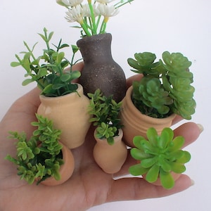 6pieces,Clay pots with greens for a doll house, dollhouse flowerpot