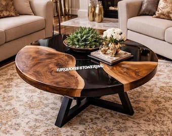 Mesa de centro de resina epoxi, sofá central redondo de madera de acacia, muebles modernos hechos a mano