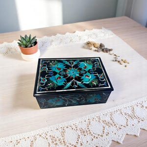 Schwarzer Marmor Rechteck Schmuck Aufbewahrungsbox Halb Edelsteine Türkis Inlay Kunst Handarbeit Perfektes Geschenk für die Braut