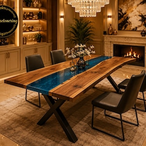 Tavolo da pranzo di lusso realizzato a mano con supporto in ferro / Tavolo da pranzo in noce con finitura epossidica blu / Arredamento su misura per sala da pranzo