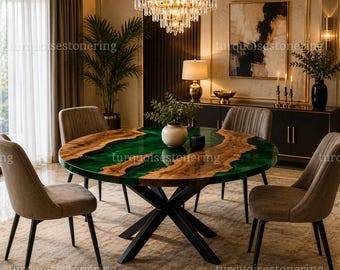 Round Green Epoxy Resin Coffee Table Handmade Luxury River Table for Modern Living Room Decor