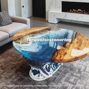 Blue Ocean Wave Design Epoxy Resin Luxury Coffee Table Top – Round Beach-Inspired Handmade Table for Living Room Modern Art Balcony Interior