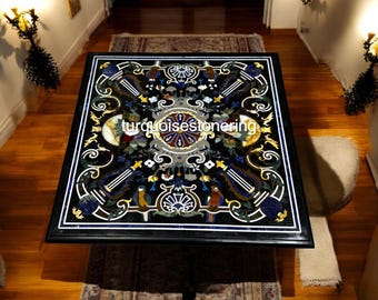 Mesa de centro de mármol negro con incrustaciones de piedra dura, decoración artesanal para el recibidor.