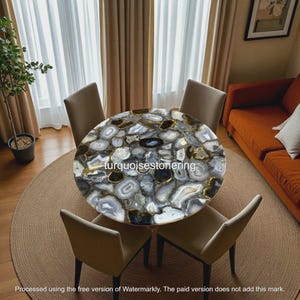 Mesa de centro redonda de ágata: un detalle de piedra preciosa natural para la decoración de la sala de estar, muebles modernos de lujo hechos a mano.