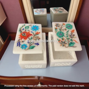 Italienischer Marmor Schmuckschatulle Mit Multi Edelstein Inlay Set 2 Stück Rechteck, Dekorative Aufbewahrung Andenken Geschenk für Frauen / Mädchen