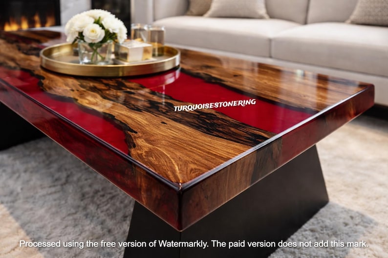 Handmade Red Epoxy Resin River Dining Table Modern Luxury Bar Countertop Elegant Living Room Furniture image 4