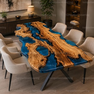 Organische eettafel van blauwe hars met natuurlijke rand, handgemaakte hardhouten tafel, luxe meubelstuk op maat met ijzeren onderstel.