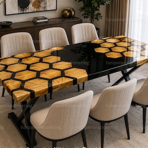 Handmade Honeycomb Epoxy Dining Table, with Iron Stand Black Resin Wood Table, Luxury Rectangle Dining Table