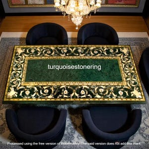 Green Marble Pietra Dura Dining Table Top, Handmade Marquetry Art Inlaid with Natural Semi Precious Stones Work, Conference Table Home Decor