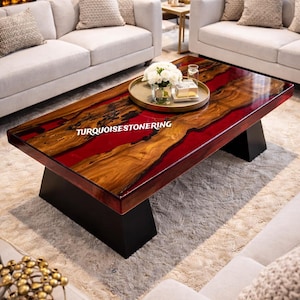 Handmade Red Epoxy Resin River Dining Table Modern Luxury Bar Countertop Elegant Living Room Furniture image 1