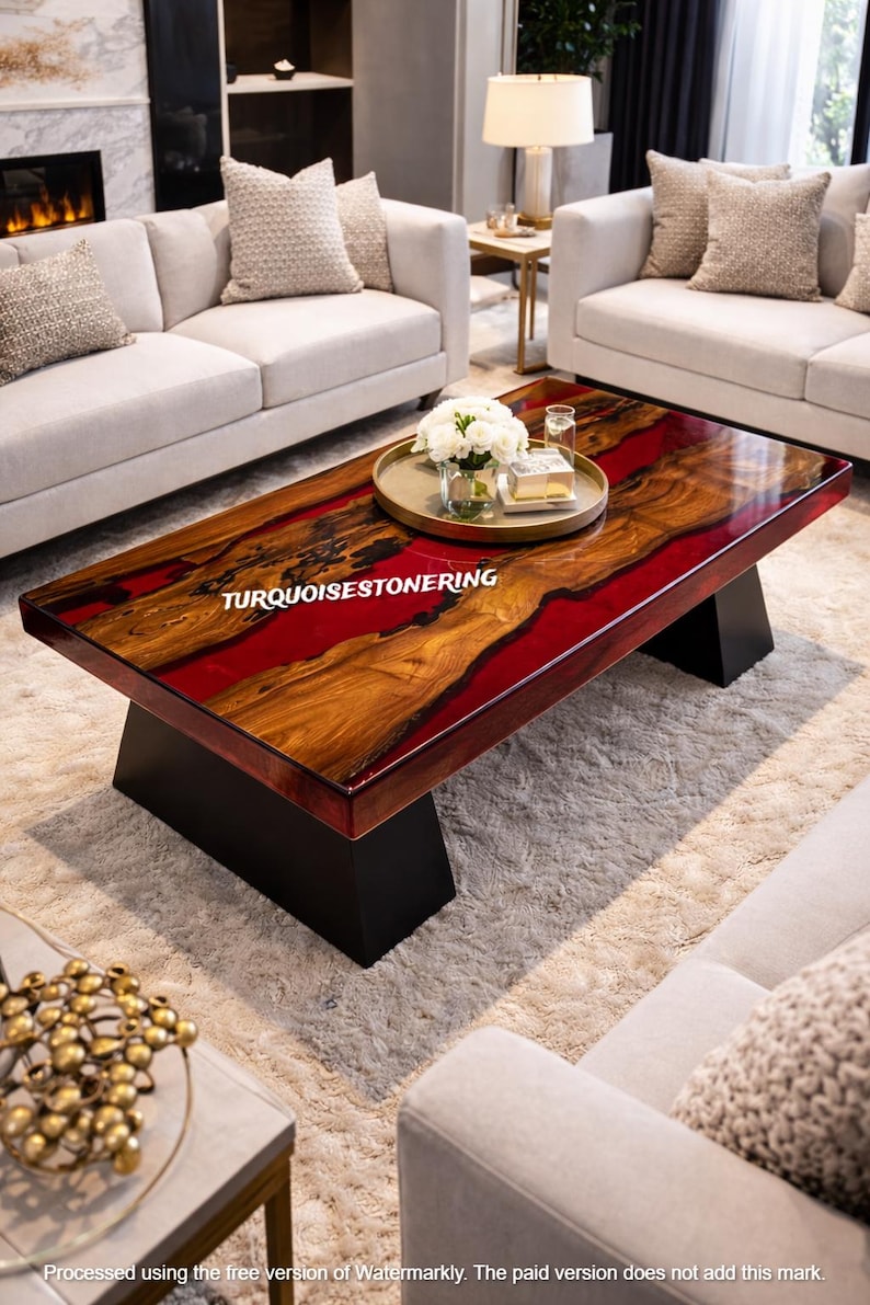 Handmade Red Epoxy Resin River Dining Table Modern Luxury Bar Countertop Elegant Living Room Furniture image 1