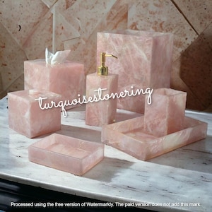 Handmade Rose Quartz Bathroom Accessory Set: 7-Piece Gemstone Vanity Organizer