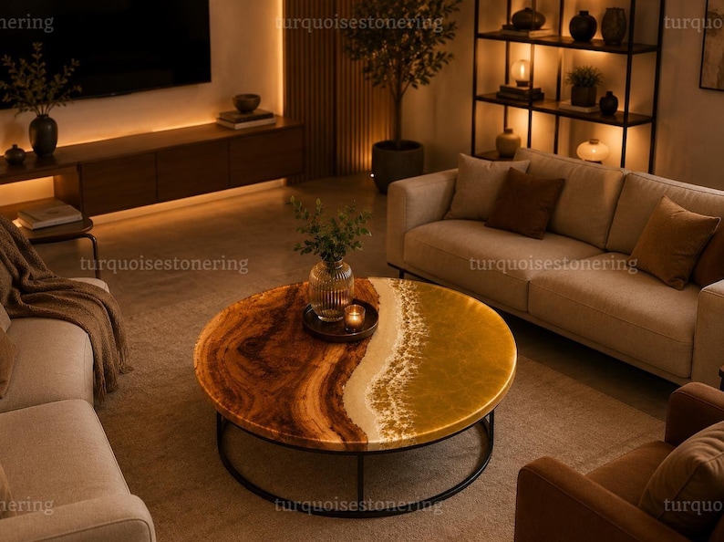 Mesa de centro redonda de resina epoxi, mesa de centro de lujo estilo ágata, mesa de resina de río hecha a mano, muebles modernos para sala de estar. imagen 1