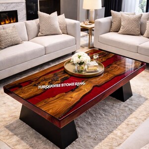 Handmade Red Epoxy Resin River Dining Table Modern Luxury Bar Countertop Elegant Living Room Furniture image 5