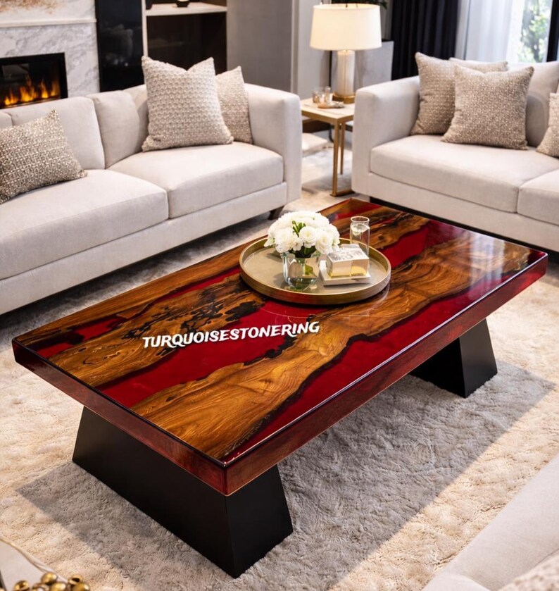 Handmade Red Epoxy Resin River Dining Table Modern Luxury Bar Countertop Elegant Living Room Furniture image 5