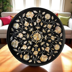 Marble Black with Mother Of Pearl Round Coffee Table Top, Floral Inlay Side Table, Handmade Living Room Furniture, Modern Garden Interior