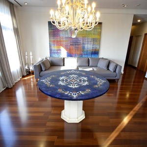 Round Lapis Lazuli Coffee Table Top Random Gemstone Healing Crystal Floral Inlay Arts Top Handmade Furniture living Room Decors