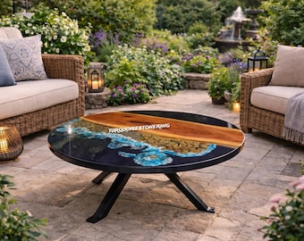 Handmade Ocean Epoxy Coffee Table Blue Resin River Table Coastal Decor