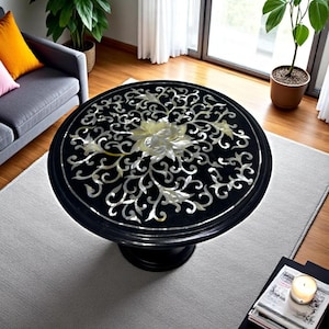 Black Marble Sofa Centerpiece Coffee Table Mother of Pearl Inlay Gemstone Pietra Dura Marquetry Art Bedside Furniture Home & Office Decor