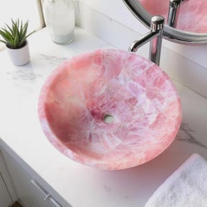 Pink Rose Quartz Gemstone Basin Handcrafted Sink for Spa, Healing Crystal Vessel, Unique Bathroom & Kitchen Decor Interior