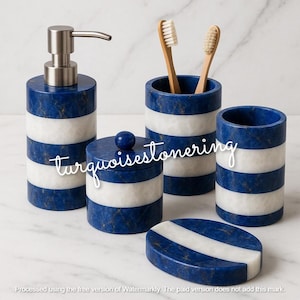 Luxury Lapis Lazuli & White Quartz Bathroom Accessory Set – 5-Piece Handmade Stone Decor Modern Bathroom Interior Arts