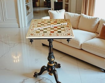 Handmade White Marble Chess Board Gemstone Inlay Luxury Decor
