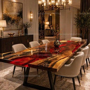 Mesa de comedor Red Epoxy River, mesa de resina de madera hecha a mano, mesa de lujo, mueble moderno que marca tendencia para la decoración de oficinas.